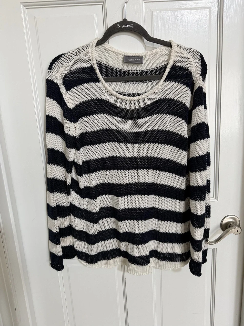 Boutique Wooden Ships Navy and White Striped Open Knit Sweater Oversized S/M - Picture 2 of 5